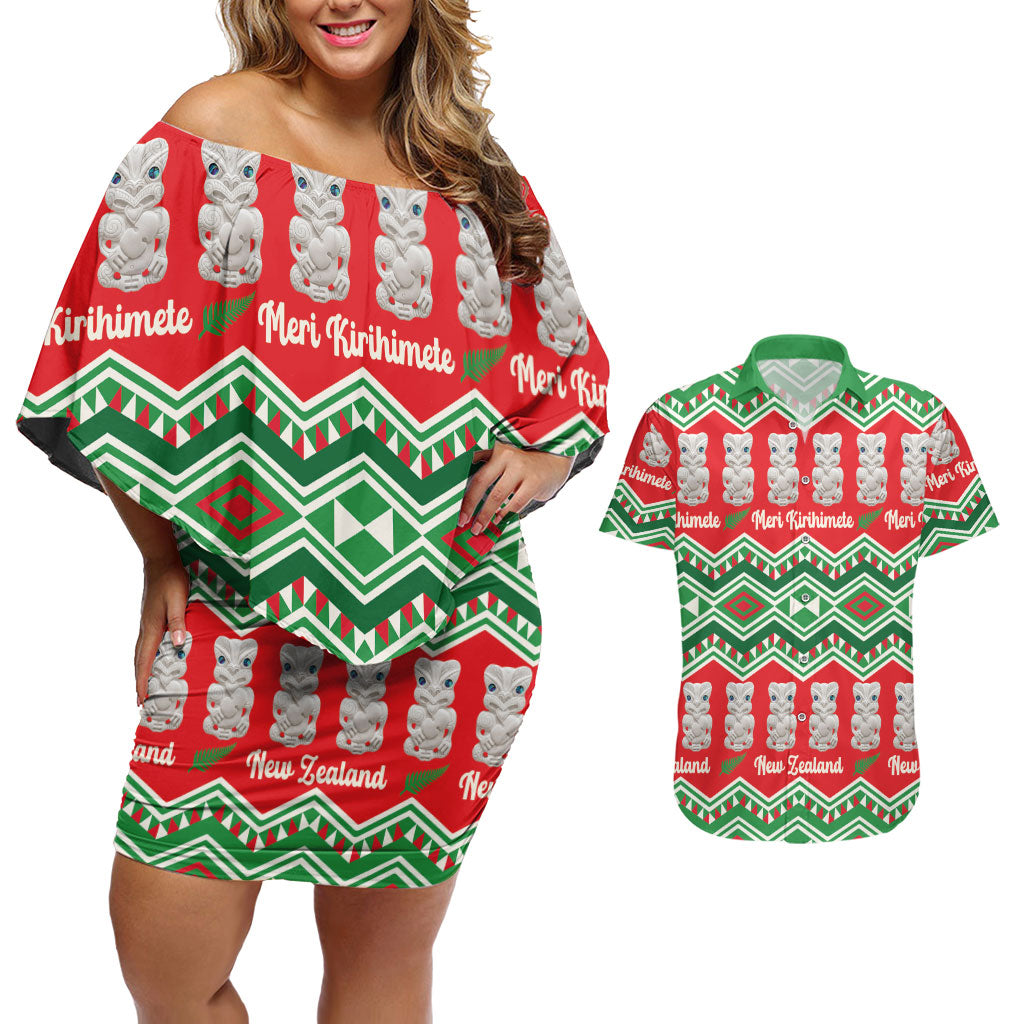 New Zealand Christmas In July Couples Matching Off Shoulder Short Dress and Hawaiian Shirt Meri Kirihimete Hei Tiki Taniko Motifs Seamless LT14 Red - Polynesian Pride