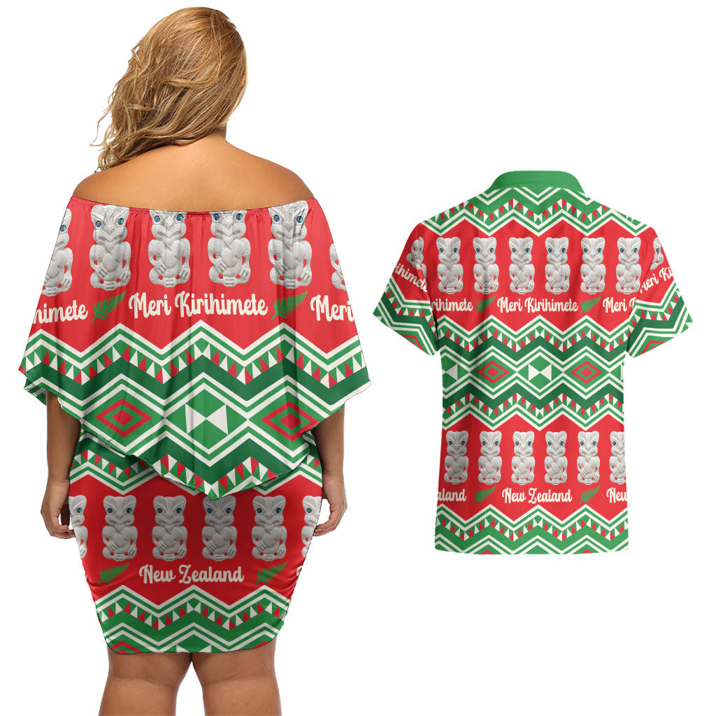 New Zealand Christmas In July Couples Matching Off Shoulder Short Dress and Hawaiian Shirt Meri Kirihimete Hei Tiki Taniko Motifs Seamless