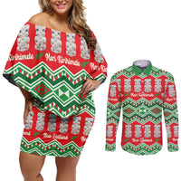 New Zealand Christmas In July Couples Matching Off Shoulder Short Dress and Long Sleeve Button Shirt Meri Kirihimete Hei Tiki Taniko Motifs Seamless