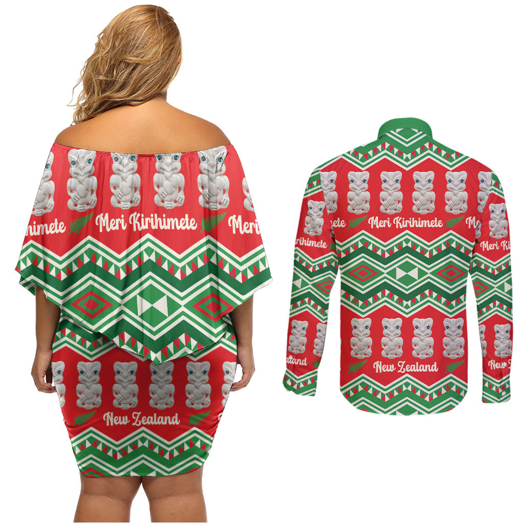New Zealand Christmas In July Couples Matching Off Shoulder Short Dress and Long Sleeve Button Shirt Meri Kirihimete Hei Tiki Taniko Motifs Seamless