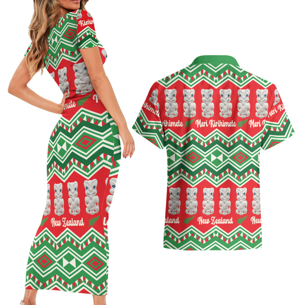 New Zealand Christmas In July Couples Matching Short Sleeve Bodycon Dress and Hawaiian Shirt Meri Kirihimete Hei Tiki Taniko Motifs Seamless
