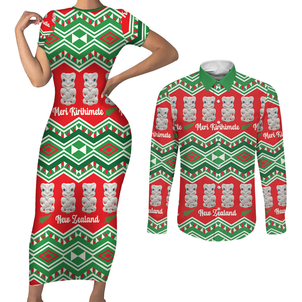New Zealand Christmas In July Couples Matching Short Sleeve Bodycon Dress and Long Sleeve Button Shirt Meri Kirihimete Hei Tiki Taniko Motifs Seamless LT14 Red - Polynesian Pride