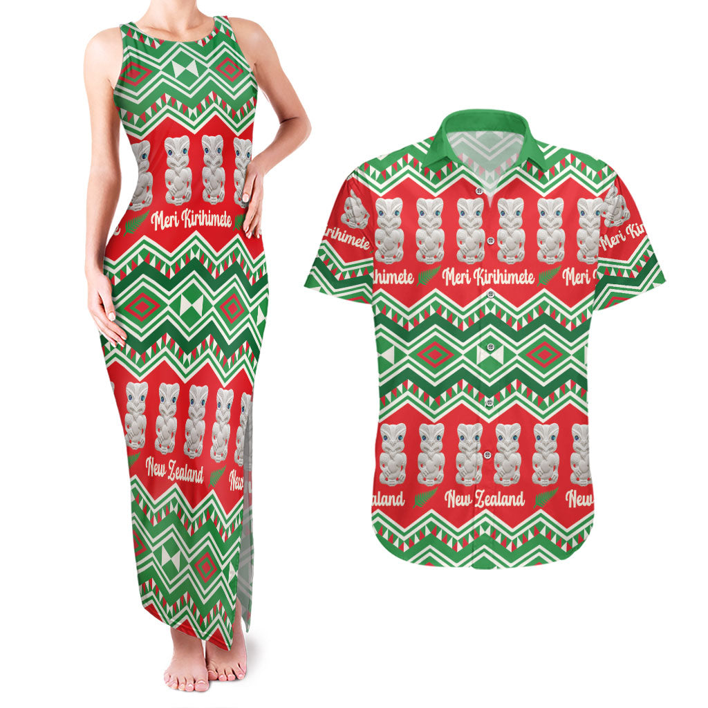 New Zealand Christmas In July Couples Matching Tank Maxi Dress and Hawaiian Shirt Meri Kirihimete Hei Tiki Taniko Motifs Seamless