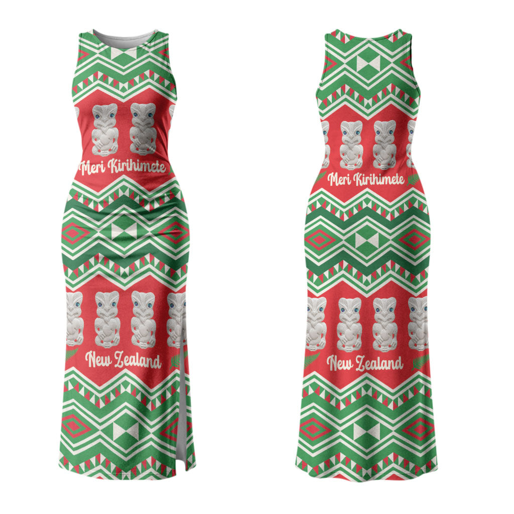 New Zealand Christmas In July Couples Matching Tank Maxi Dress and Long Sleeve Button Shirt Meri Kirihimete Hei Tiki Taniko Motifs Seamless LT14 - Polynesian Pride