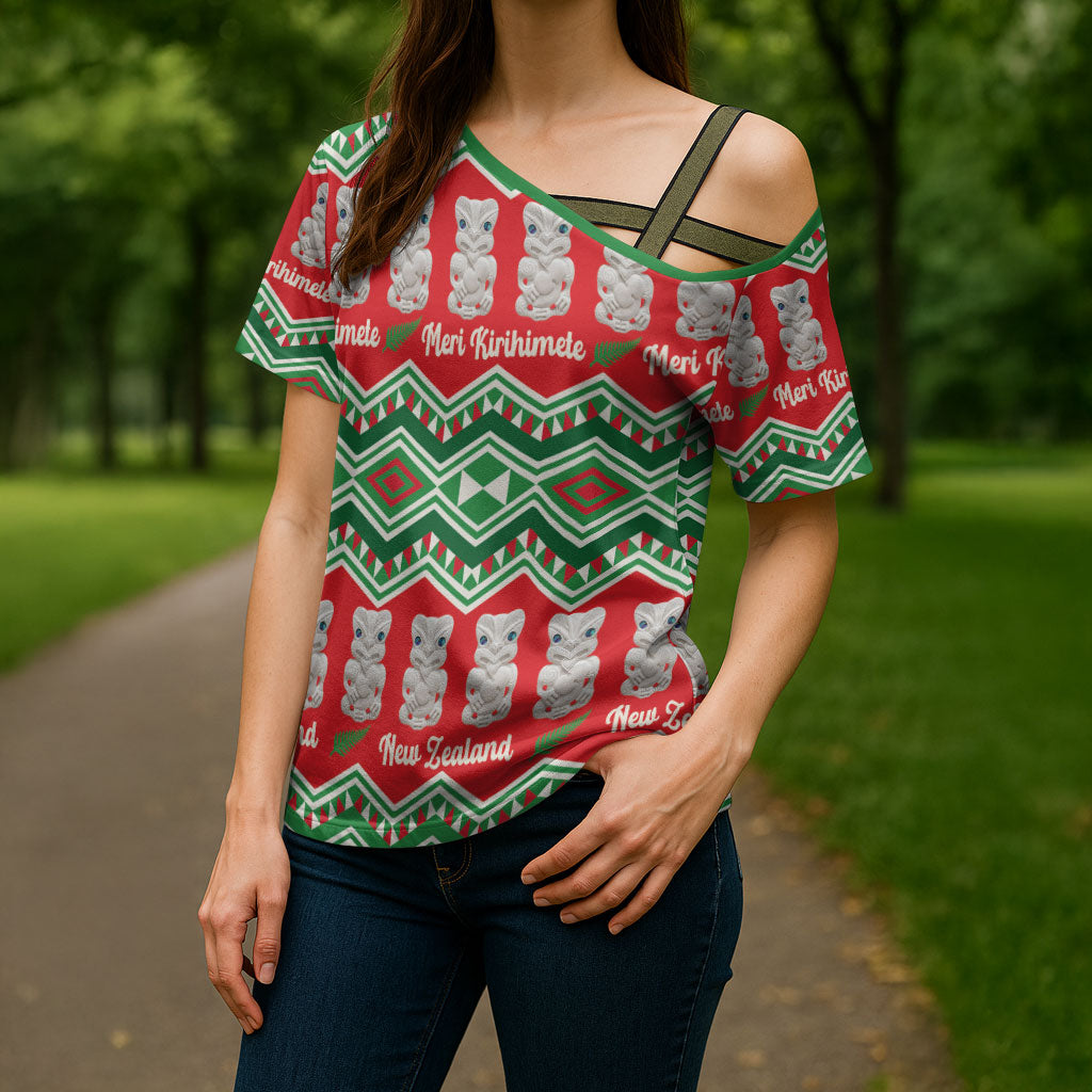 New Zealand Christmas In July Cross Shoulder Shirt Meri Kirihimete Hei Tiki Taniko Motifs Seamless