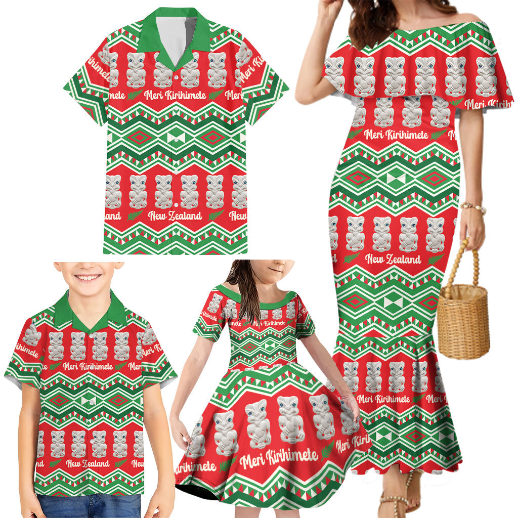 New Zealand Christmas In July Family Matching Mermaid Dress and Hawaiian Shirt Meri Kirihimete Hei Tiki Taniko Motifs Seamless LT14 - Polynesian Pride