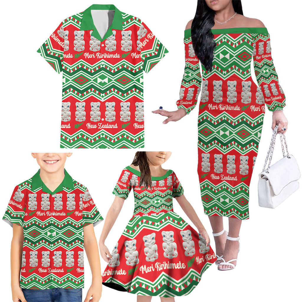 New Zealand Christmas In July Family Matching Off The Shoulder Long Sleeve Dress and Hawaiian Shirt Meri Kirihimete Hei Tiki Taniko Motifs Seamless LT14 - Polynesian Pride