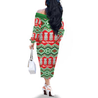 New Zealand Christmas In July Family Matching Off The Shoulder Long Sleeve Dress and Hawaiian Shirt Meri Kirihimete Hei Tiki Taniko Motifs Seamless