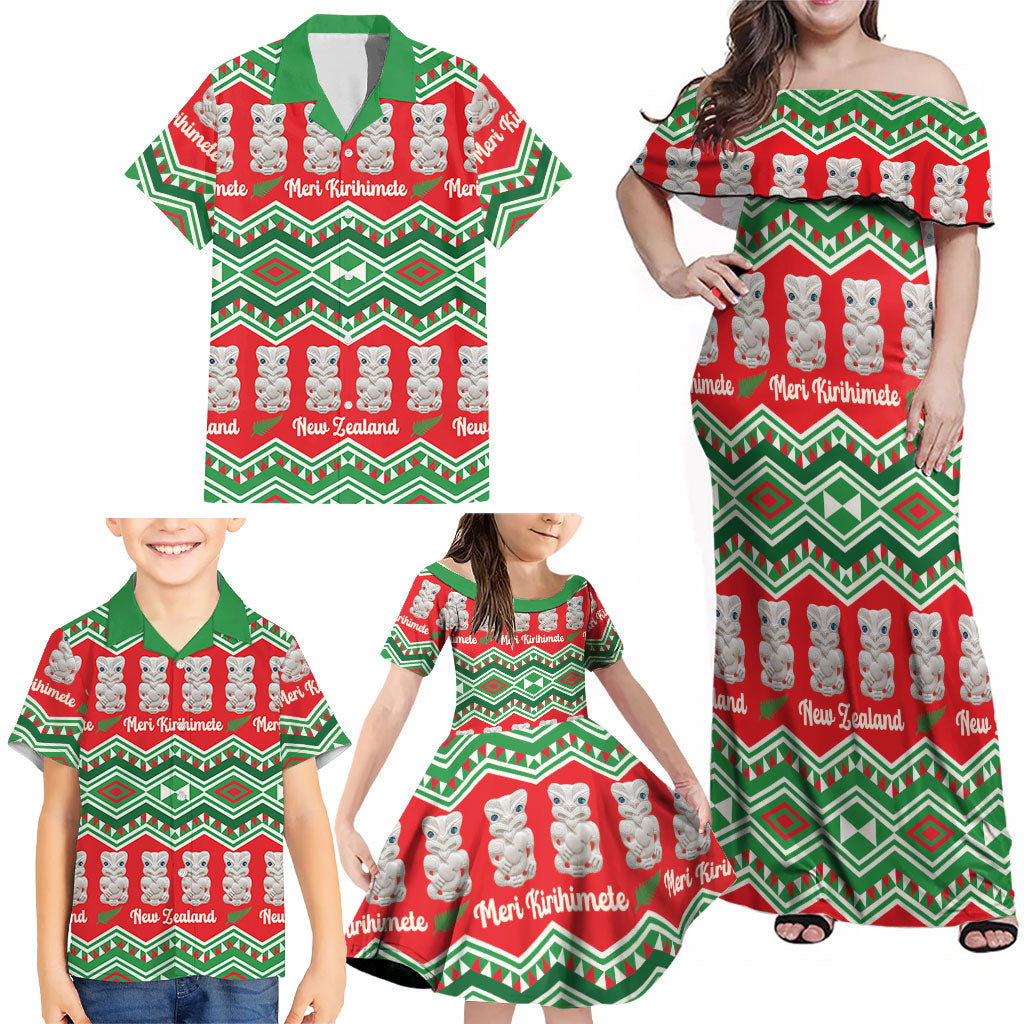 New Zealand Christmas In July Family Matching Off Shoulder Maxi Dress and Hawaiian Shirt Meri Kirihimete Hei Tiki Taniko Motifs Seamless