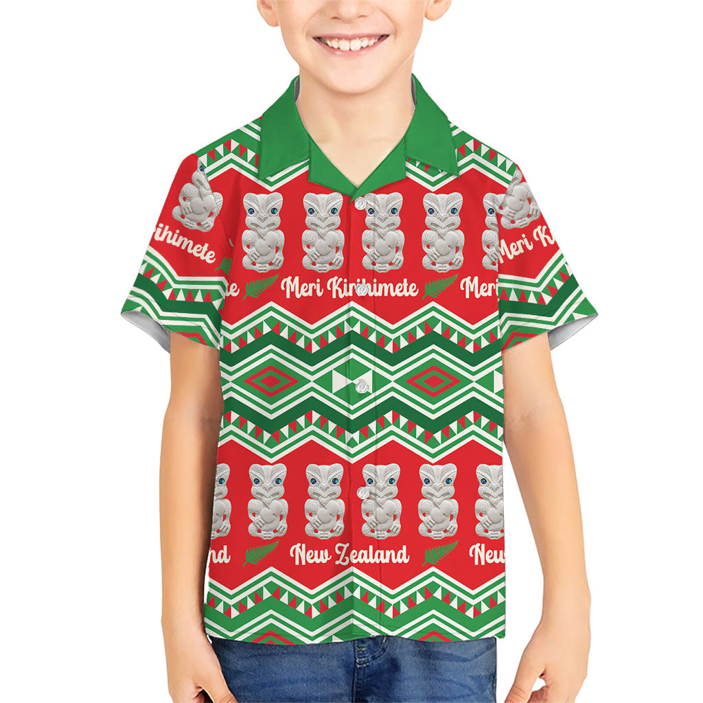 New Zealand Christmas In July Family Matching Off Shoulder Maxi Dress and Hawaiian Shirt Meri Kirihimete Hei Tiki Taniko Motifs Seamless