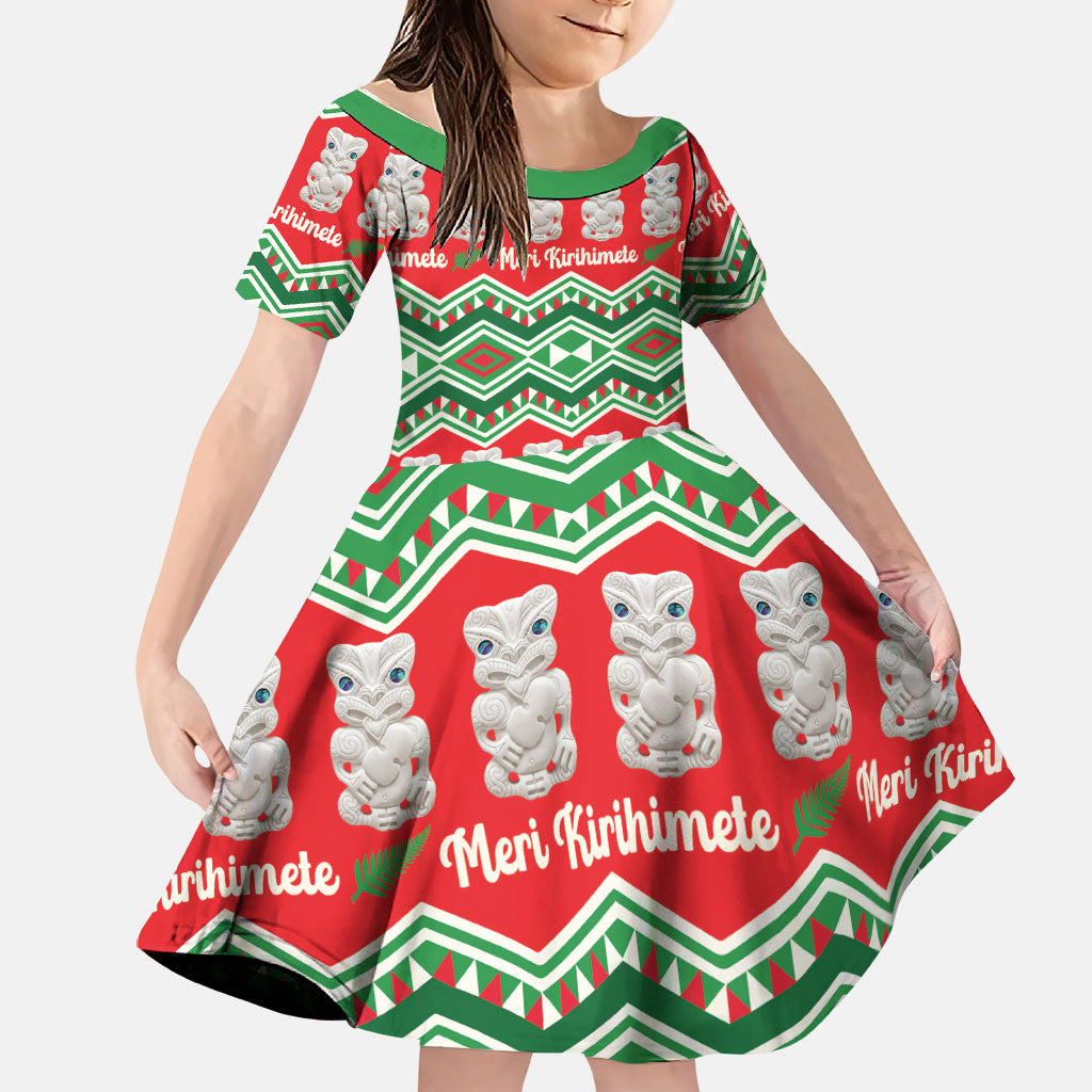 New Zealand Christmas In July Family Matching Off Shoulder Short Dress and Hawaiian Shirt Meri Kirihimete Hei Tiki Taniko Motifs Seamless