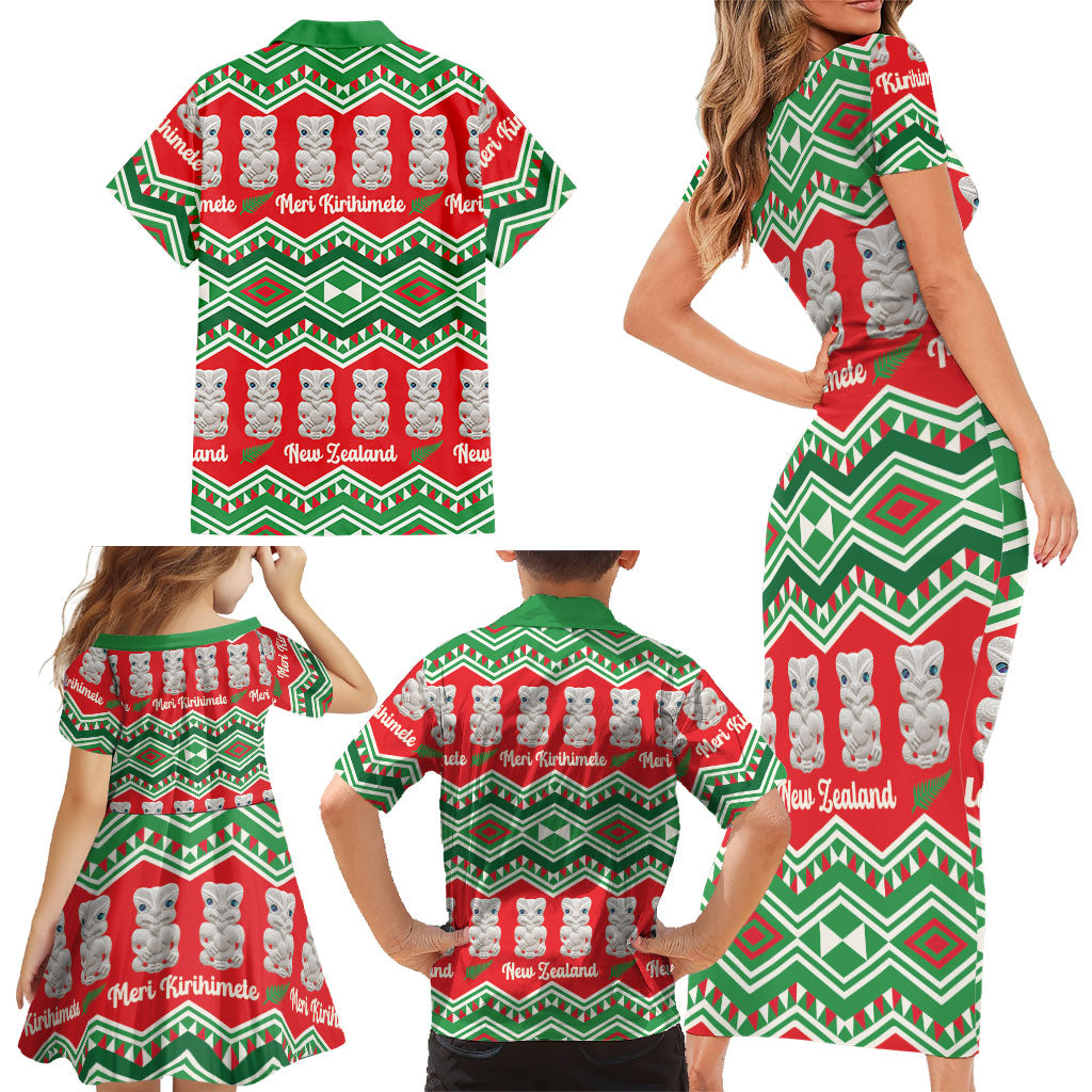 New Zealand Christmas In July Family Matching Short Sleeve Bodycon Dress and Hawaiian Shirt Meri Kirihimete Hei Tiki Taniko Motifs Seamless