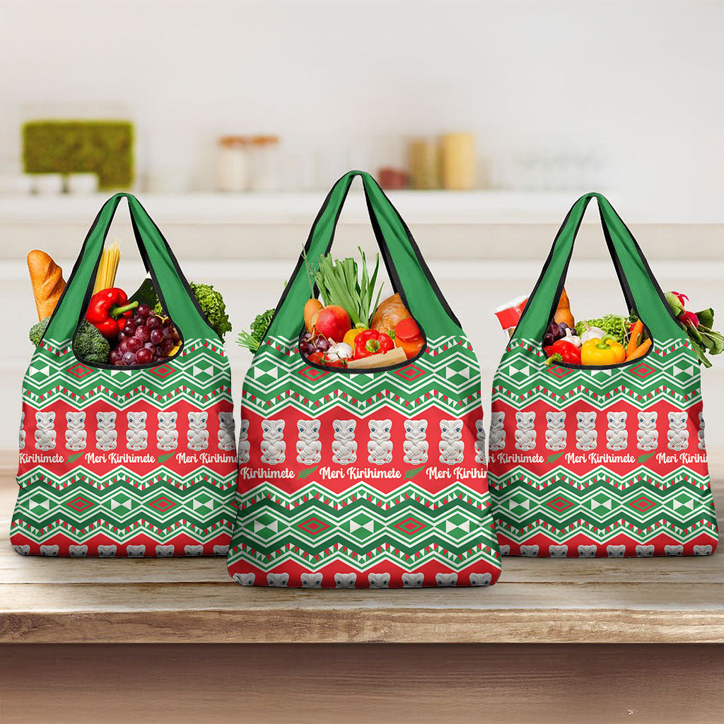 New Zealand Christmas In July Grocery Bag Meri Kirihimete Hei Tiki Taniko Motifs Seamless