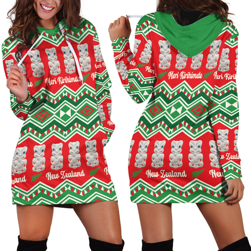 New Zealand Christmas In July Hoodie Dress Meri Kirihimete Hei Tiki Taniko Motifs Seamless