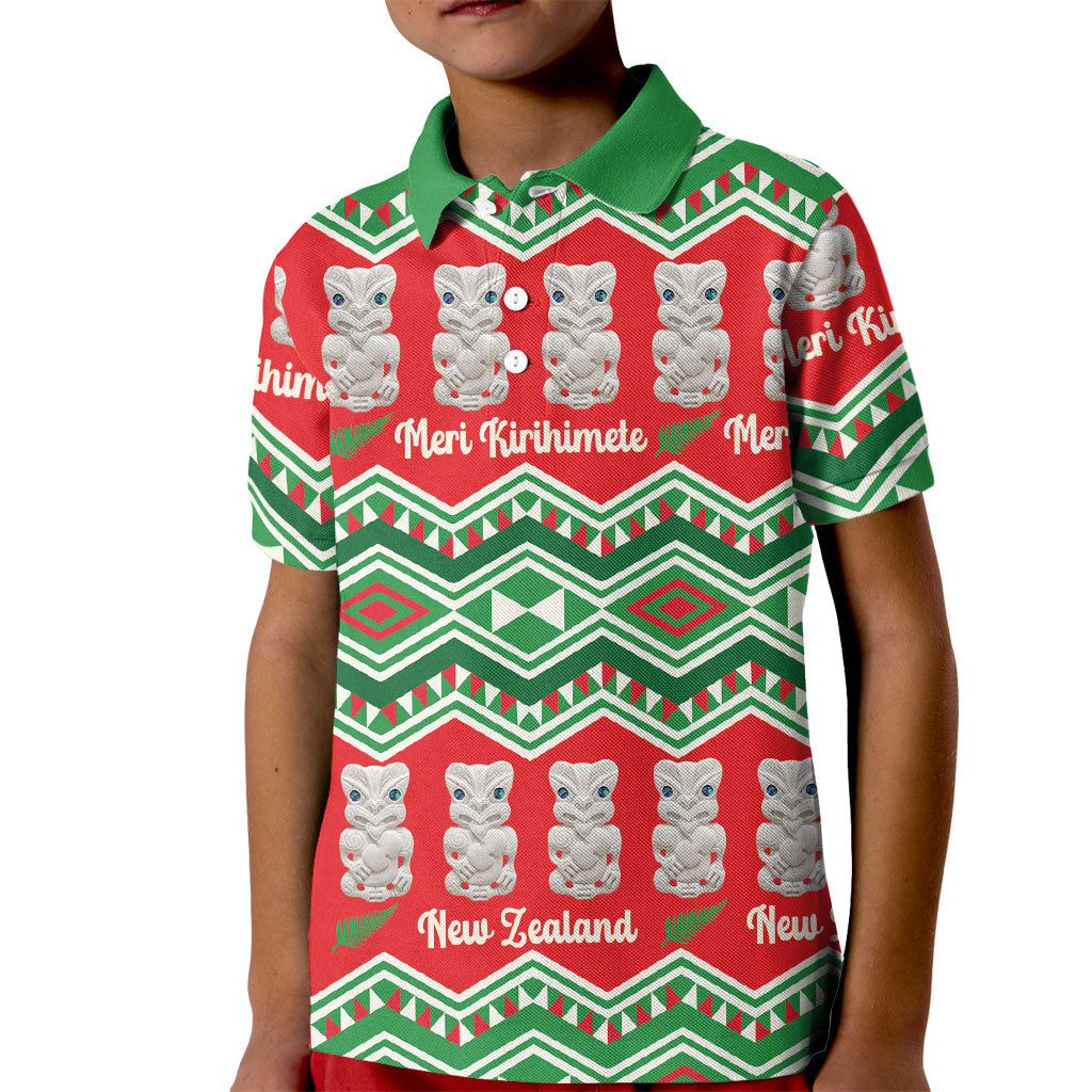 New Zealand Christmas In July Kid Polo Shirt Meri Kirihimete Hei Tiki Taniko Motifs Seamless