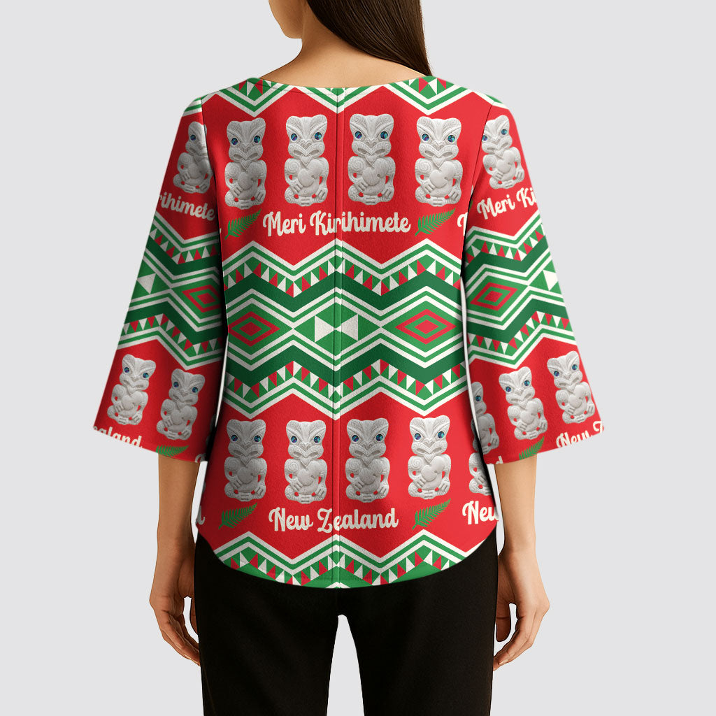 New Zealand Christmas In July Kimono Sleeve Blouse Meri Kirihimete Hei Tiki Taniko Motifs Seamless