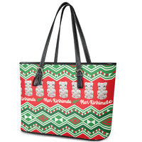 New Zealand Christmas In July Leather Tote Bag Meri Kirihimete Hei Tiki Taniko Motifs Seamless