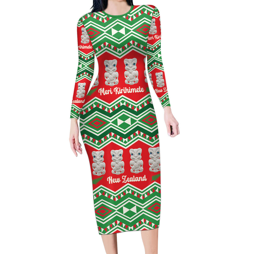 New Zealand Christmas In July Long Sleeve Bodycon Dress Meri Kirihimete Hei Tiki Taniko Motifs Seamless