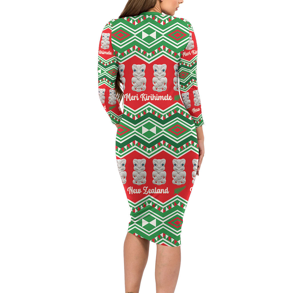 New Zealand Christmas In July Long Sleeve Bodycon Dress Meri Kirihimete Hei Tiki Taniko Motifs Seamless