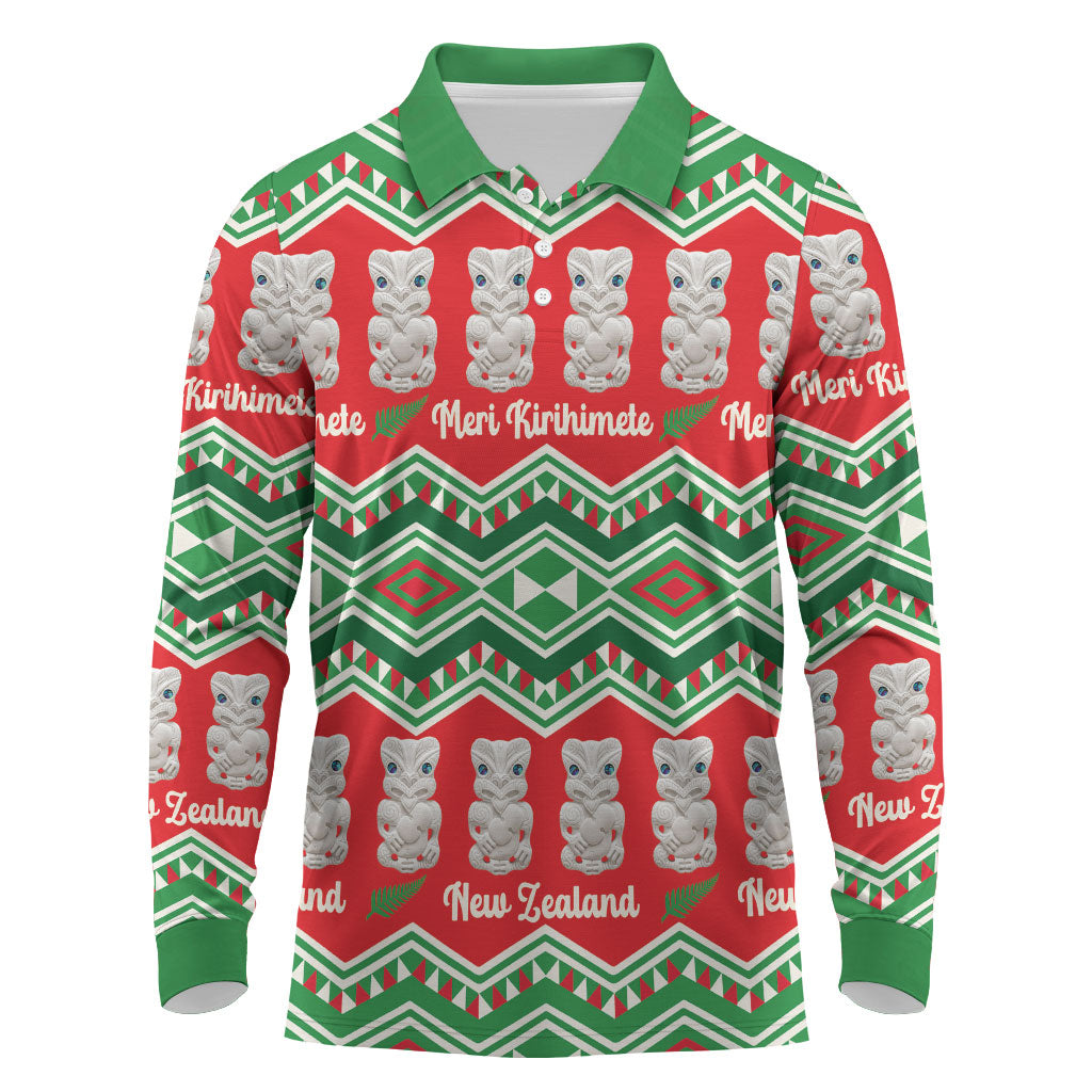 New Zealand Christmas In July Long Sleeve Polo Shirt Meri Kirihimete Hei Tiki Taniko Motifs Seamless