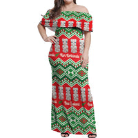 New Zealand Christmas In July Off Shoulder Maxi Dress Meri Kirihimete Hei Tiki Taniko Motifs Seamless