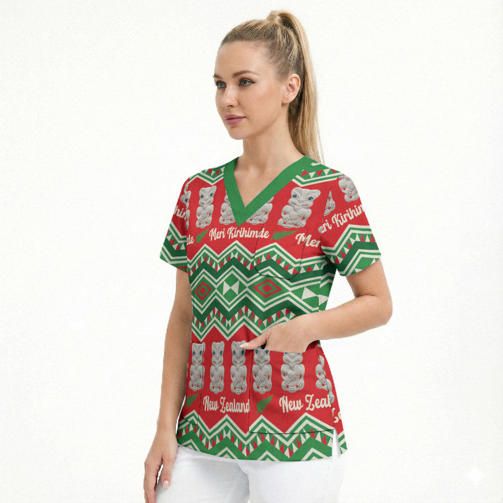 New Zealand Christmas In July Scrub Top Meri Kirihimete Hei Tiki Taniko Motifs Seamless