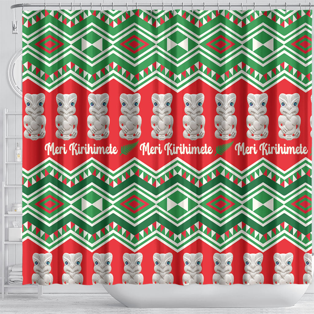 New Zealand Christmas In July Shower Curtain Meri Kirihimete Hei Tiki Taniko Motifs Seamless