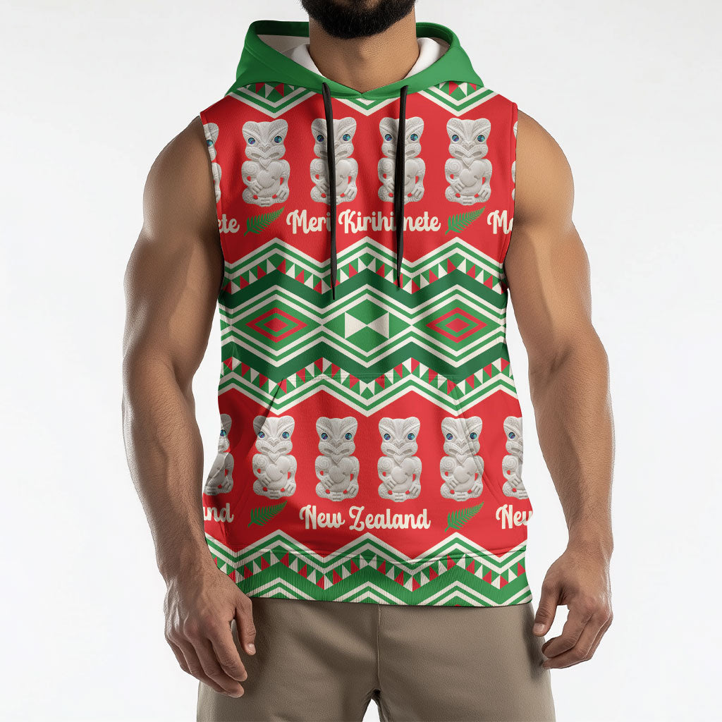 New Zealand Christmas In July Sleeveless Hoodie Meri Kirihimete Hei Tiki Taniko Motifs Seamless