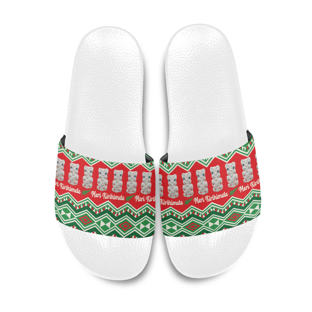 New Zealand Christmas In July Slide Sandals Meri Kirihimete Hei Tiki Taniko Motifs Seamless