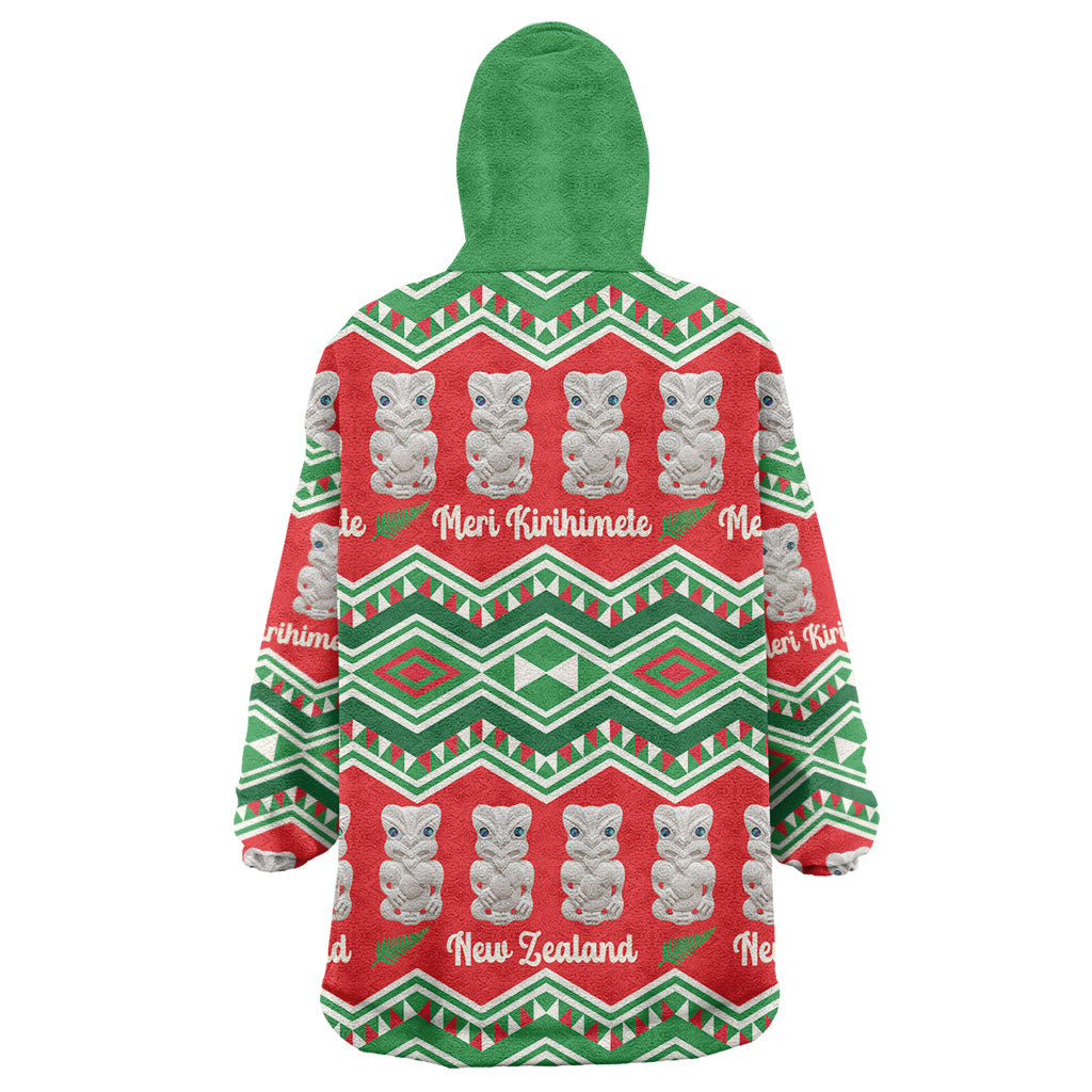 New Zealand Christmas In July Wearable Blanket Hoodie Meri Kirihimete Hei Tiki Taniko Motifs Seamless