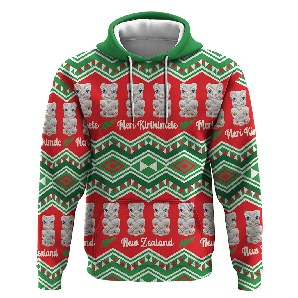 New Zealand Christmas In July Zip Hoodie Meri Kirihimete Hei Tiki Taniko Motifs Seamless