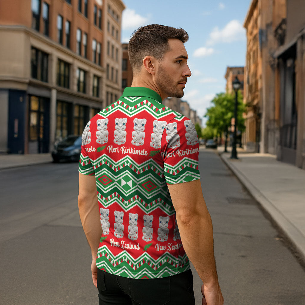 New Zealand Christmas In July Zipper Polo Shirt Meri Kirihimete Hei Tiki Taniko Motifs Seamless