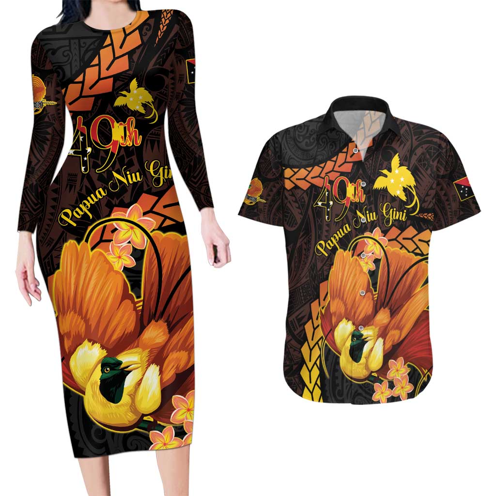 Papua New Guinea Independence Day Couples Matching Long Sleeve Bodycon Dress and Hawaiian Shirt 49th Anniversary Papua Niu Gini Bird Of Paradise