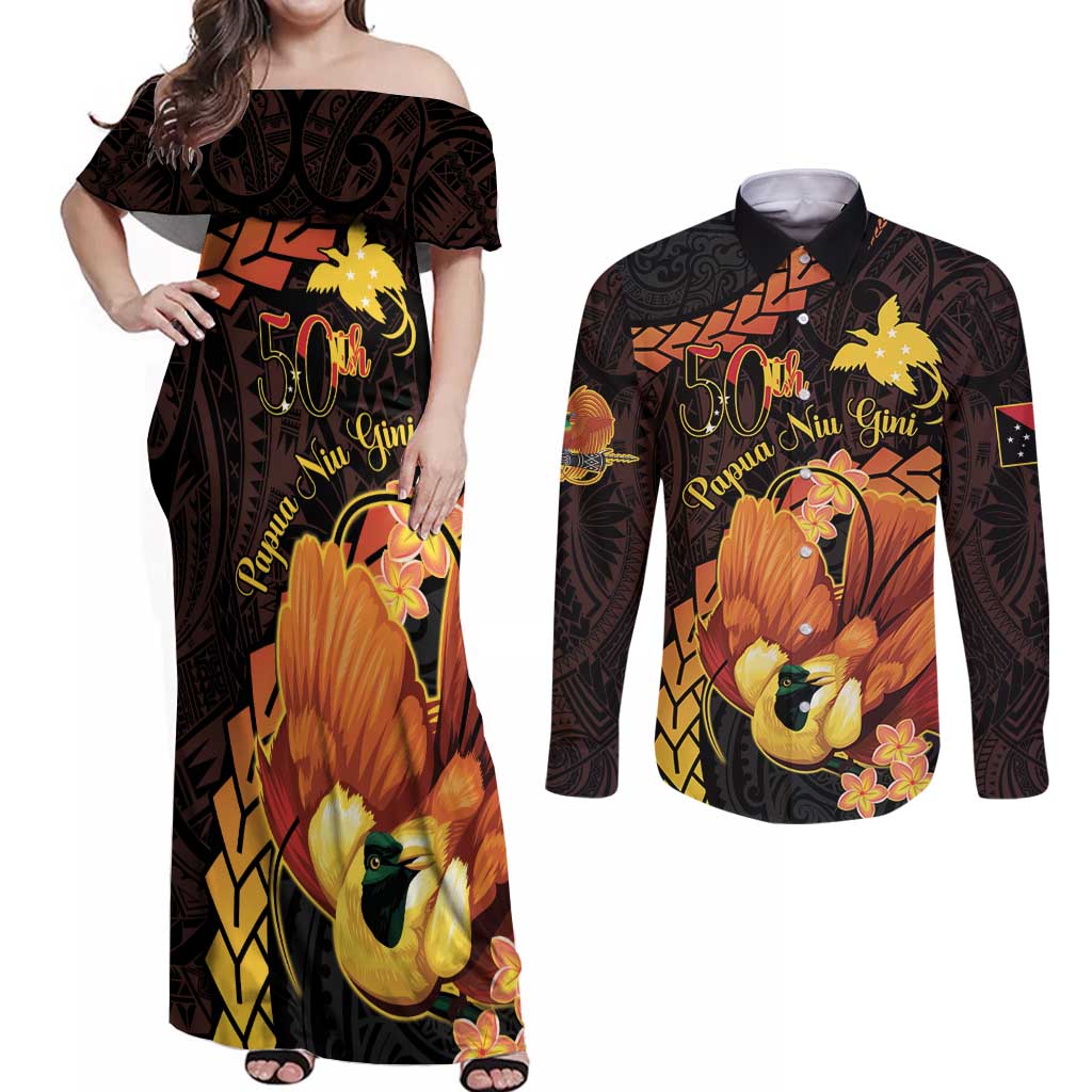 Papua New Guinea Independence Day Couples Matching Off Shoulder Maxi Dress and Long Sleeve Button Shirt 50th Anniversary Papua Niu Gini Bird Of Paradise LT14 Black - Polynesian Pride