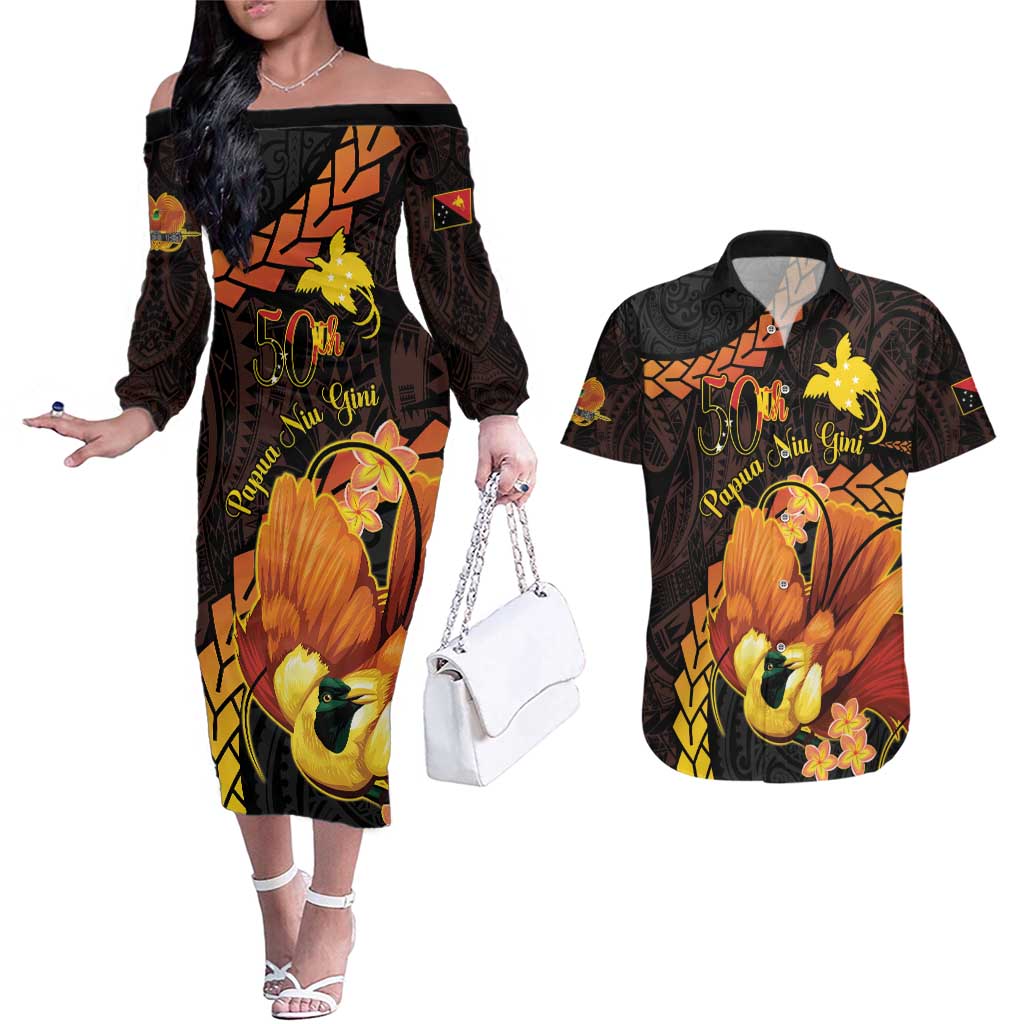Papua New Guinea Independence Day Couples Matching Off The Shoulder Long Sleeve Dress and Hawaiian Shirt 50th Anniversary Papua Niu Gini Bird Of Paradise LT14 Black - Polynesian Pride