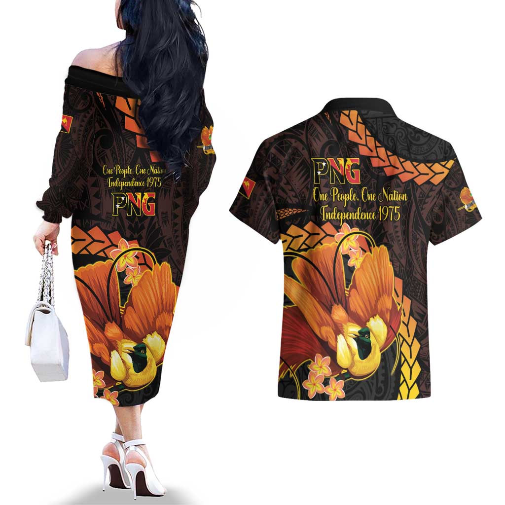 Papua New Guinea Independence Day Couples Matching Off The Shoulder Long Sleeve Dress and Hawaiian Shirt 50th Anniversary Papua Niu Gini Bird Of Paradise LT14