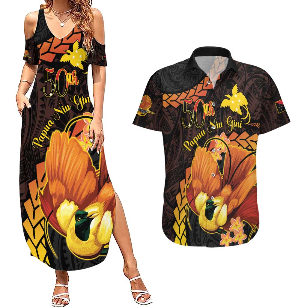 Papua New Guinea Independence Day Couples Matching Summer Maxi Dress and Hawaiian Shirt 50th Anniversary Papua Niu Gini Bird Of Paradise LT14 Black - Polynesian Pride
