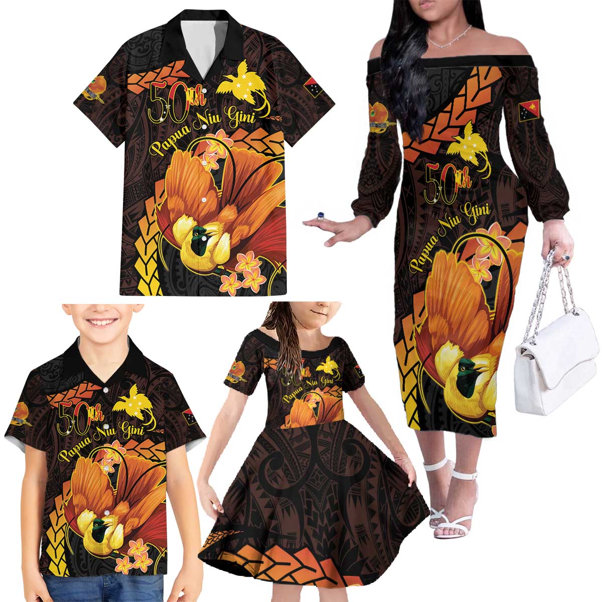 Papua New Guinea Independence Day Family Matching Off The Shoulder Long Sleeve Dress and Hawaiian Shirt 50th Anniversary Papua Niu Gini Bird Of Paradise LT14 - Polynesian Pride