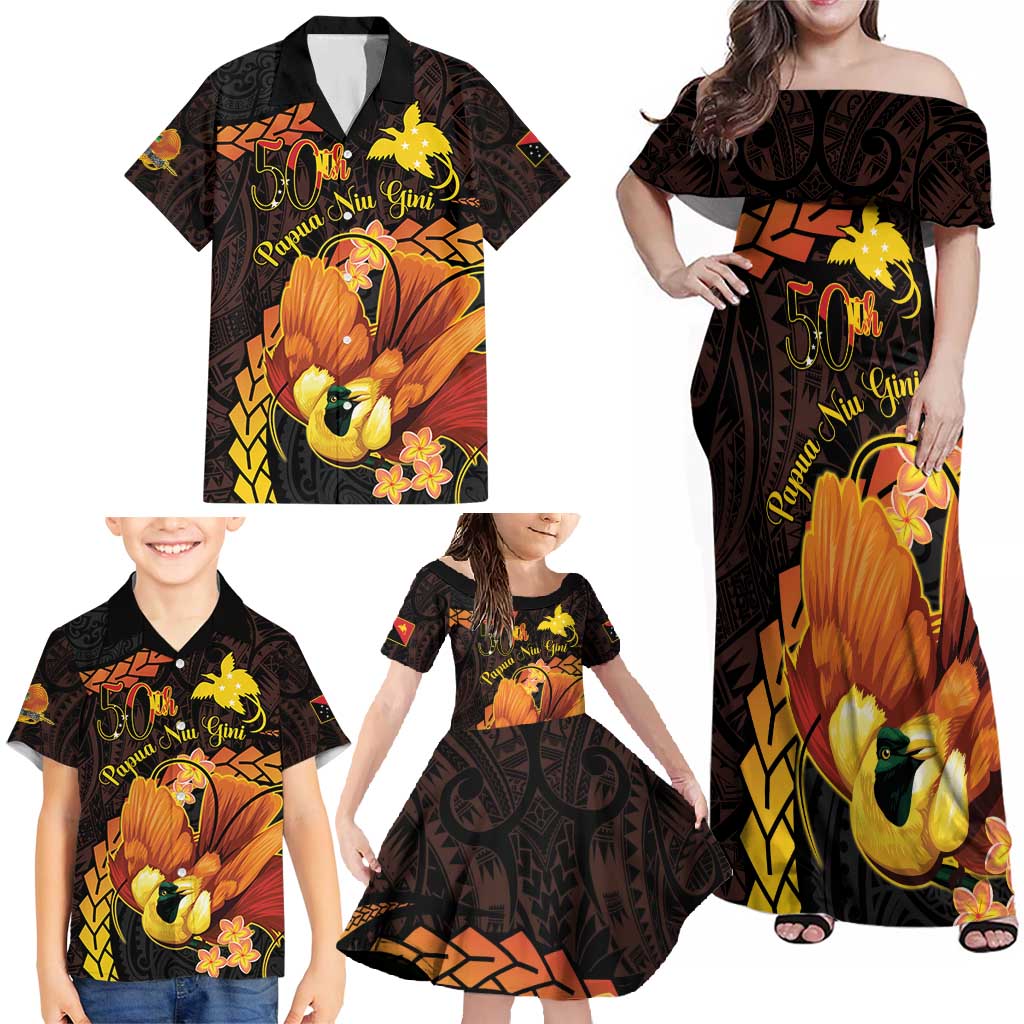 Papua New Guinea Independence Day Family Matching Off Shoulder Maxi Dress and Hawaiian Shirt 50th Anniversary Papua Niu Gini Bird Of Paradise LT14 - Polynesian Pride