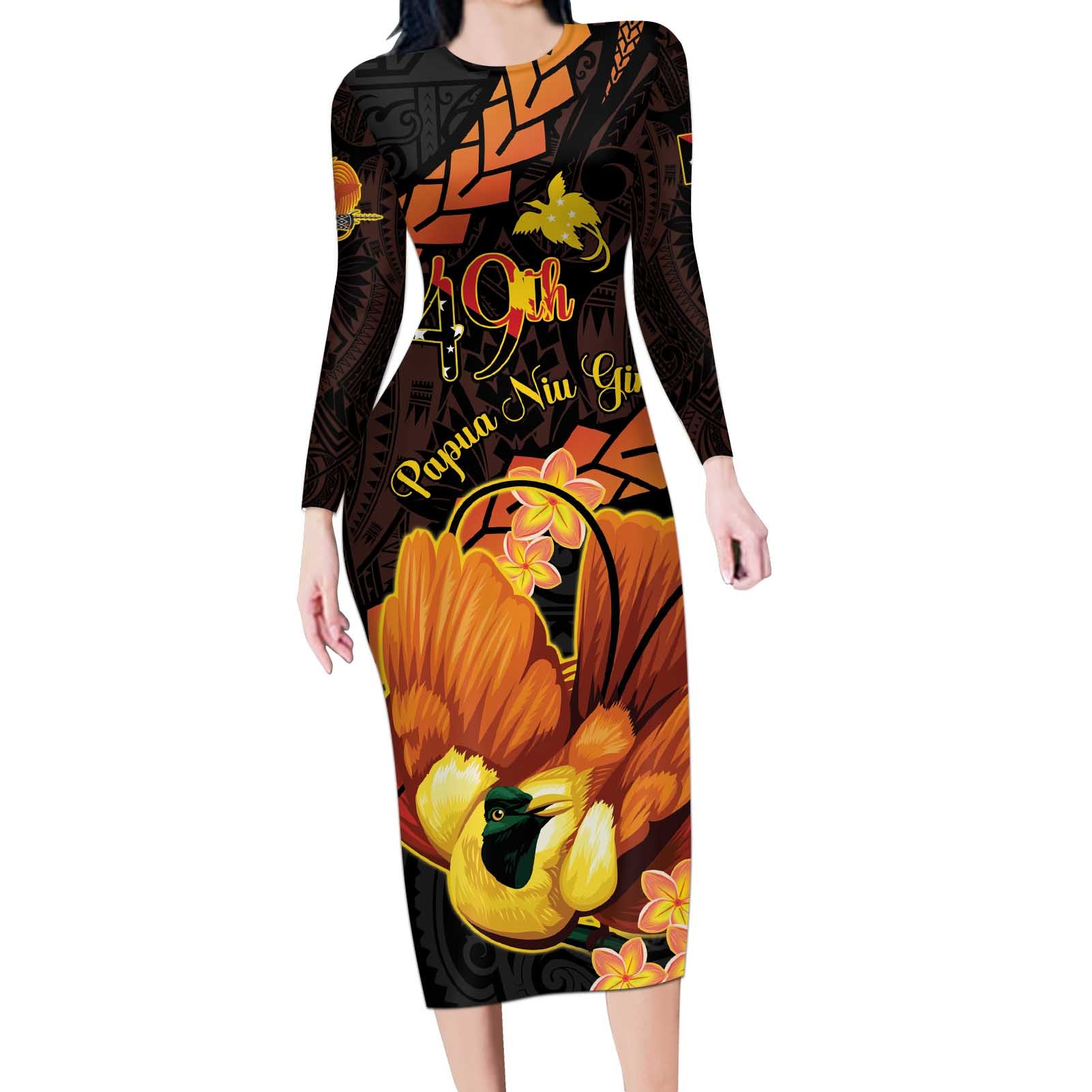 Papua New Guinea Independence Day Long Sleeve Bodycon Dress 49th Anniversary Papua Niu Gini Bird Of Paradise