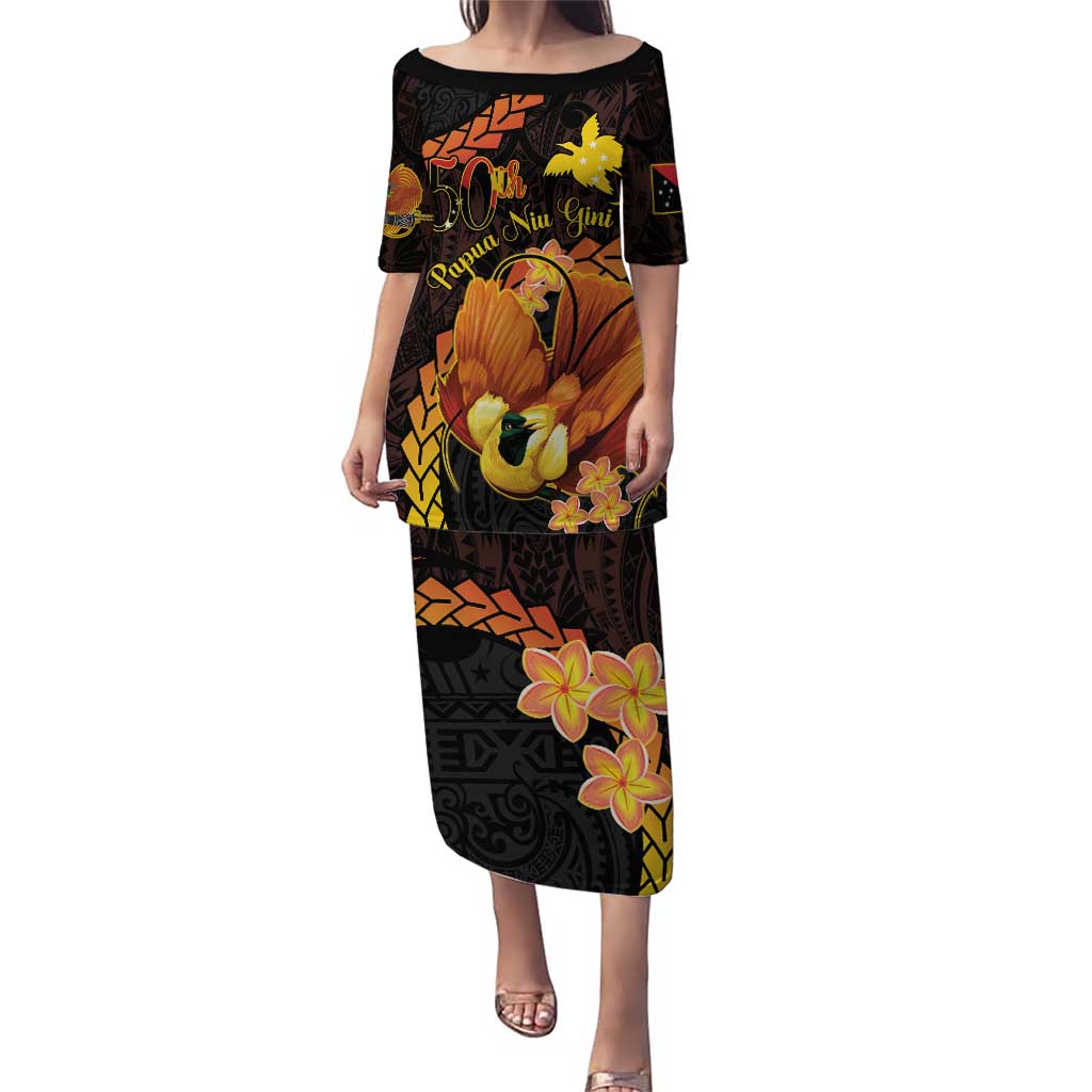 Papua New Guinea Independence Day Puletasi 50th Anniversary Papua Niu Gini Bird Of Paradise LT14 Long Dress Black - Polynesian Pride