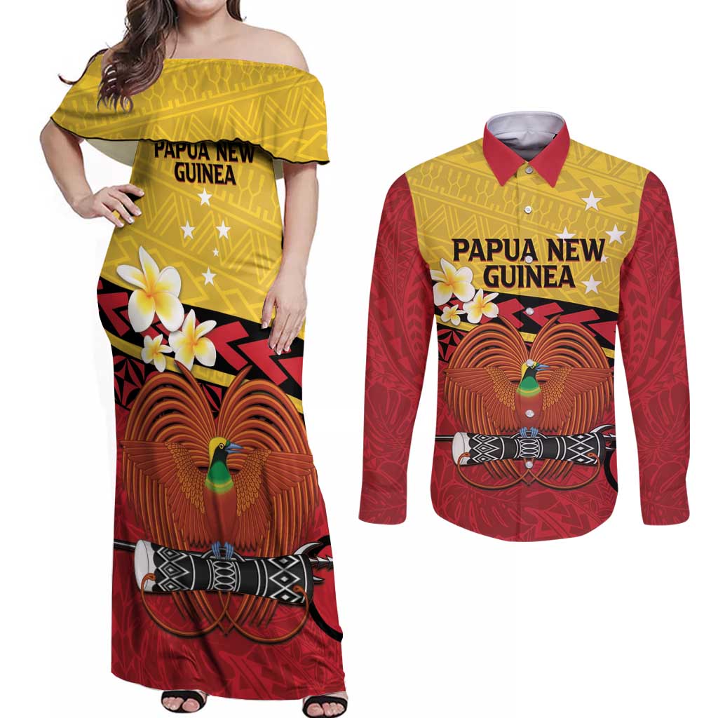 Papua New Guinea Independence Day Couples Matching Off Shoulder Maxi Dress and Long Sleeve Button Shirt Since 1975 Unity In Diversity LT14 Red - Polynesian Pride