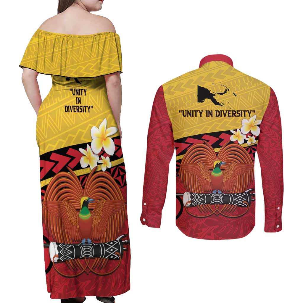 Papua New Guinea Independence Day Couples Matching Off Shoulder Maxi Dress and Long Sleeve Button Shirt Since 1975 Unity In Diversity LT14 - Polynesian Pride