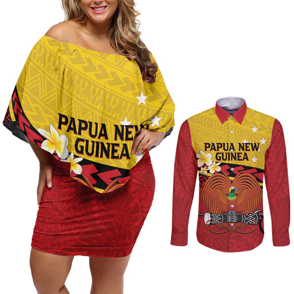 Papua New Guinea Independence Day Couples Matching Off Shoulder Short Dress and Long Sleeve Button Shirt Since 1975 Unity In Diversity LT14 Red - Polynesian Pride