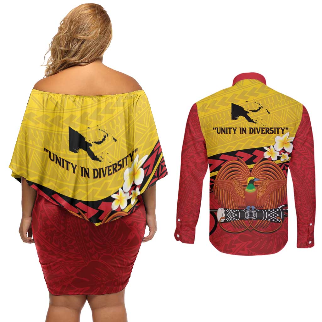 Papua New Guinea Independence Day Couples Matching Off Shoulder Short Dress and Long Sleeve Button Shirt Since 1975 Unity In Diversity LT14 - Polynesian Pride