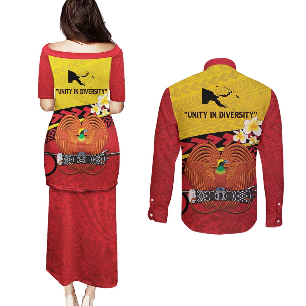Papua New Guinea Independence Day Couples Matching Puletasi and Long Sleeve Button Shirt Since 1975 Unity In Diversity LT14 - Polynesian Pride