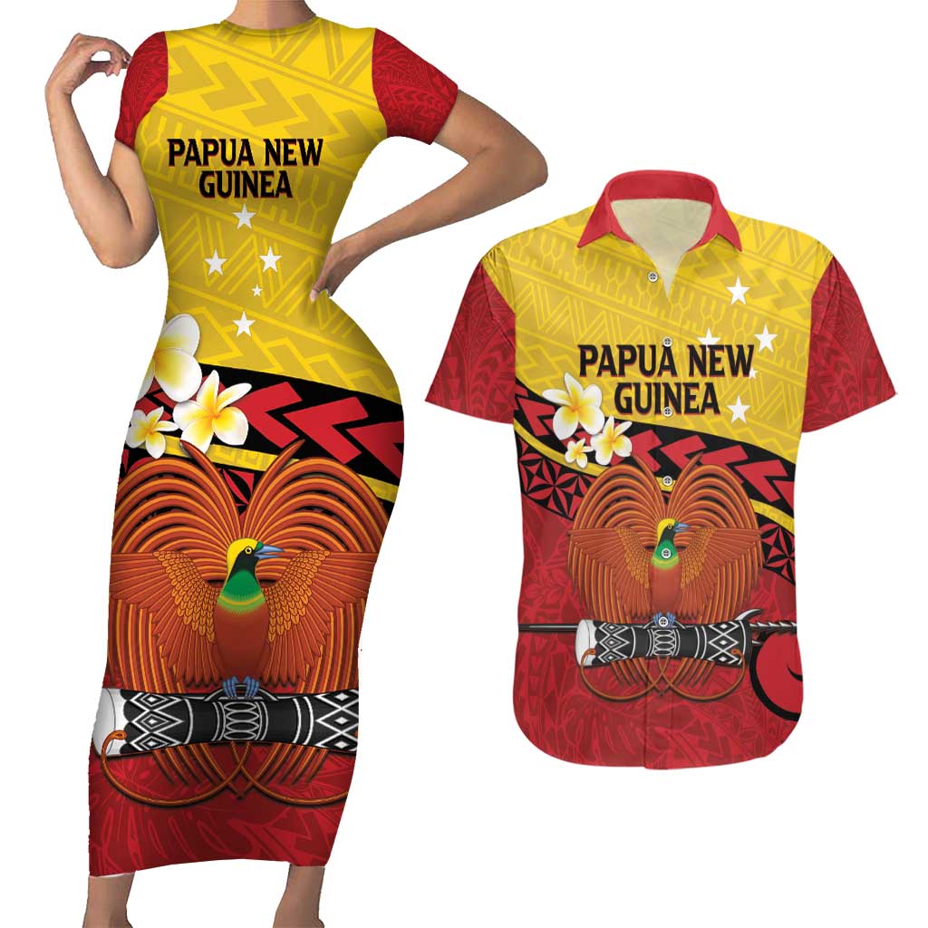 Papua New Guinea Independence Day Couples Matching Short Sleeve Bodycon Dress and Hawaiian Shirt Since 1975 Unity In Diversity LT14 Red - Polynesian Pride