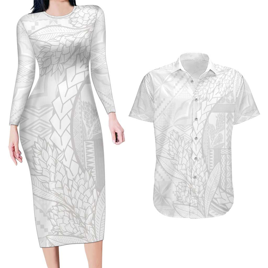 Samoa White Sunday Couples Matching Long Sleeve Bodycon Dress and Hawaiian Shirt Lotu Tamaiti Siapo With Teuila