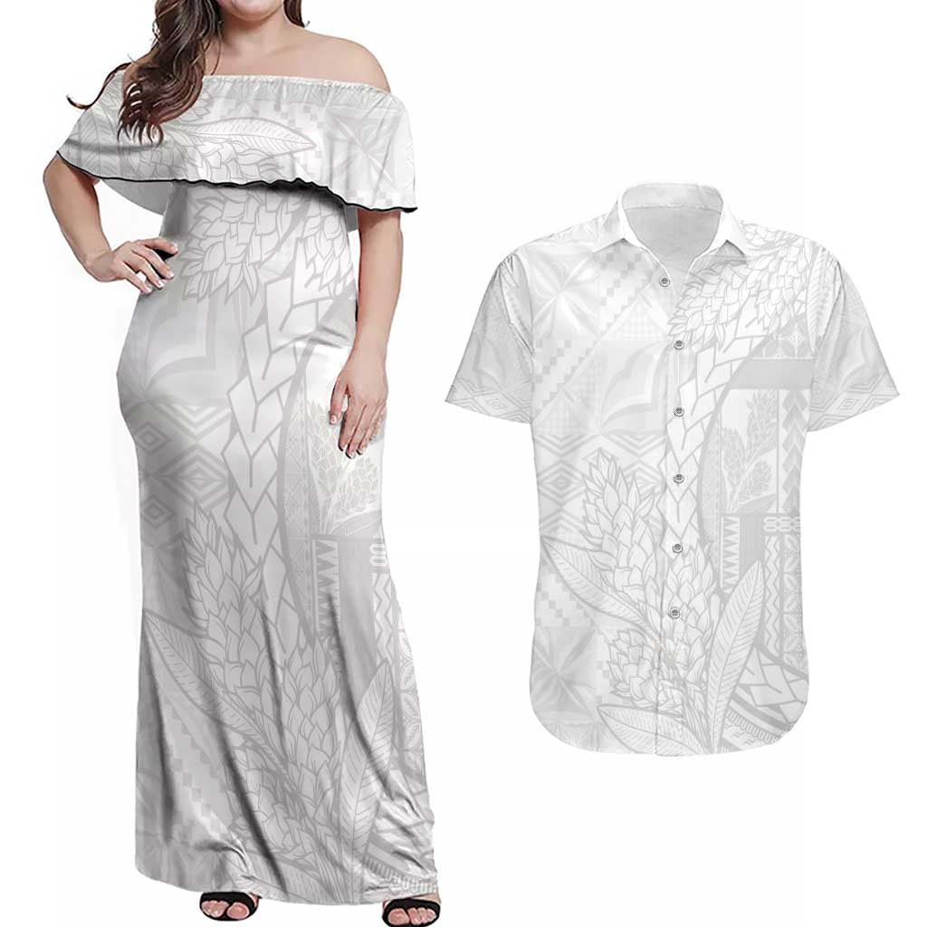 Samoa White Sunday Couples Matching Off Shoulder Maxi Dress and Hawaiian Shirt Lotu Tamaiti Siapo With Teuila