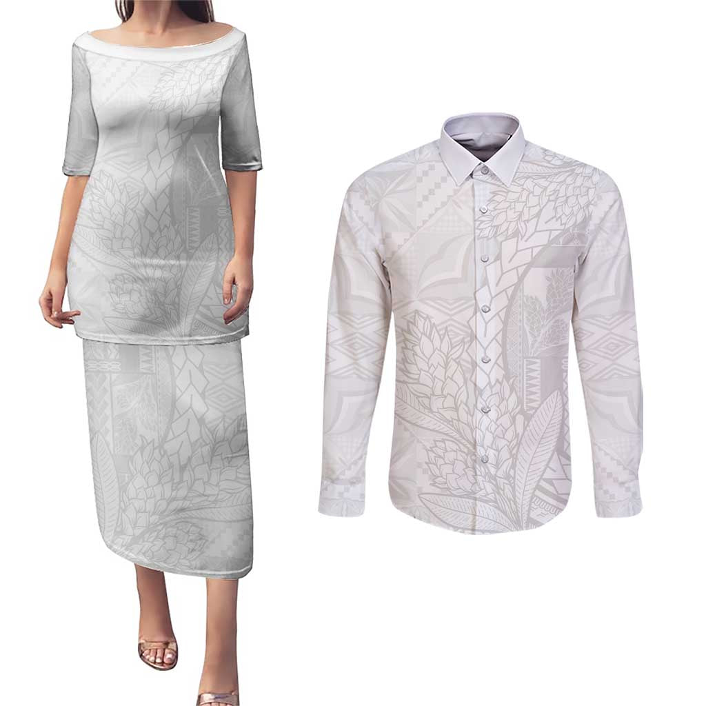 Samoa White Sunday Couples Matching Puletasi and Long Sleeve Button Shirt Lotu Tamaiti Siapo With Teuila